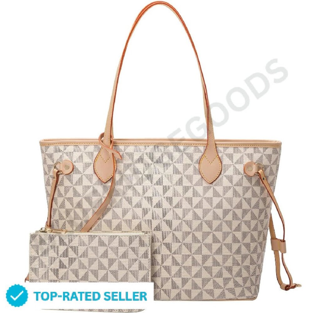 Checkered Satchel Handbag Set With Wallet Tote Shoulder Bag Classic Chic